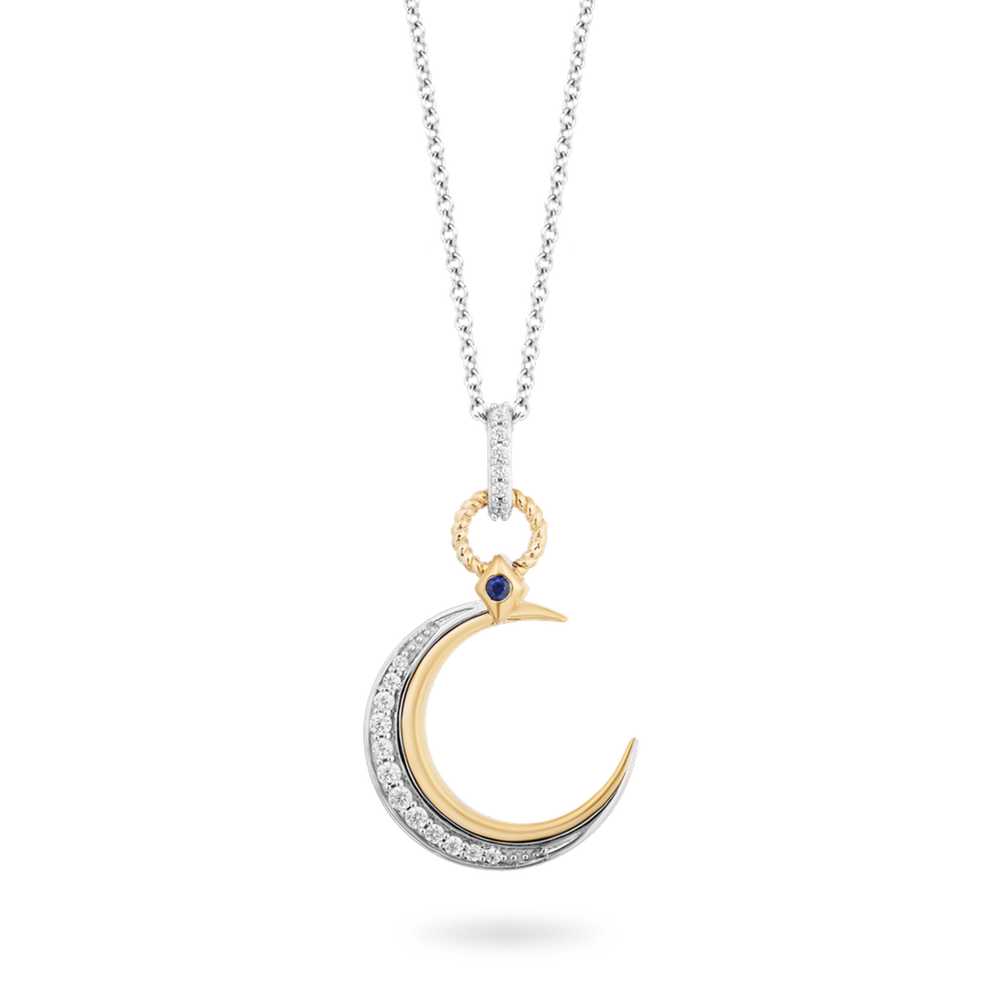 Hallmarkfinejewelry Moon Diamond Pendant in Sterling Silver & Yellow Gold & Created Blue Sapphire View 1