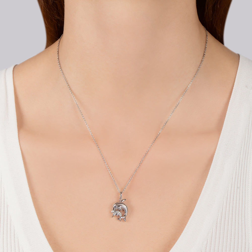 Hallmarkfinejewelry Dolphin Mama & Baby Pendant in Sterling Silver with Blue & White Diamonds