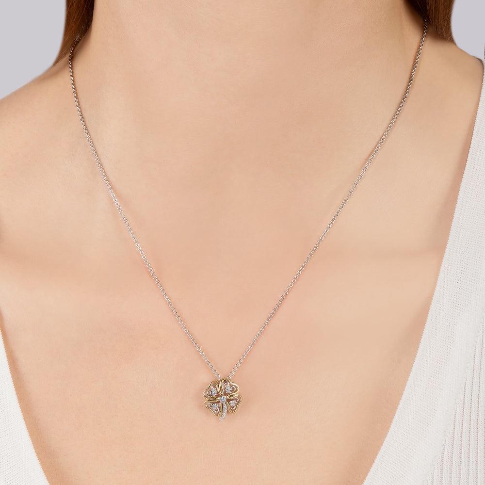 Hallmarkfinejewelry Gilded Lace Four Leaf Clover Pendant in Sterling Silver and 14K Yellow Gold with Diamonds