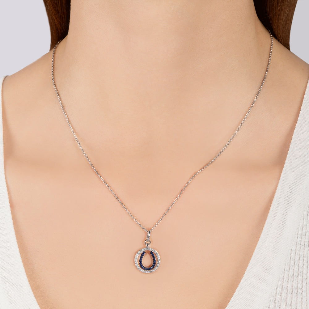Hallmarkfinejewelry Horseshoe Medallion in Sterling Silver with Diamonds & Created Blue Sapphires