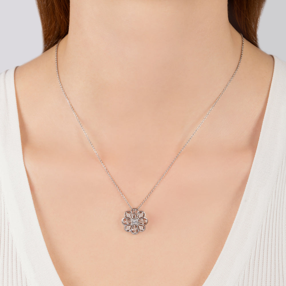 Hallmarkfinejewelry Lace Blossom Pendant in Sterling Silver with Diamonds