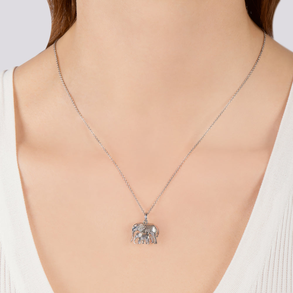 Hallmarkfinejewelry Elephant Love Pendant in Sterling Silver with Diamonds & Created Blue Sapphire