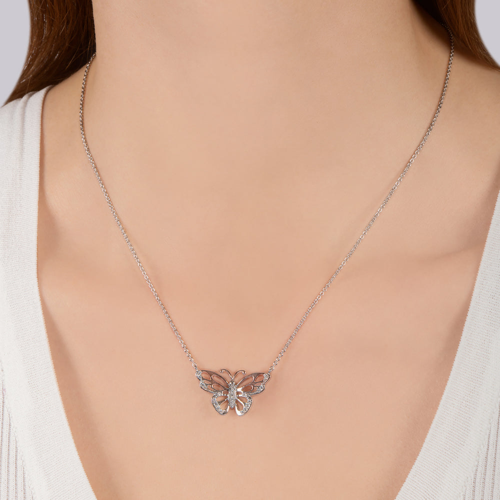Hallmarkfinejewelry Medium Butterfly Necklace in Sterling Silver with Diamonds