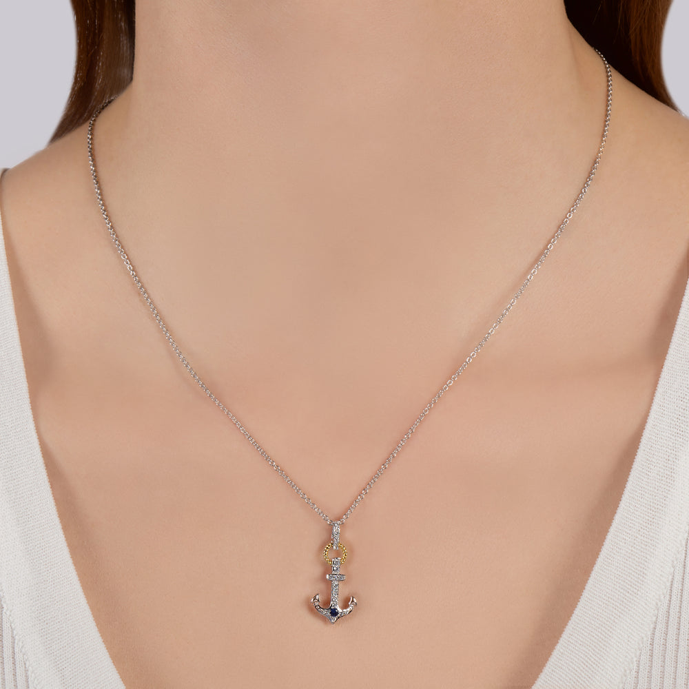 Hallmarkfinejewelry Anchor Pendant in Sterling Silver and 14K Yellow Gold with Created Sapphire and Diamonds