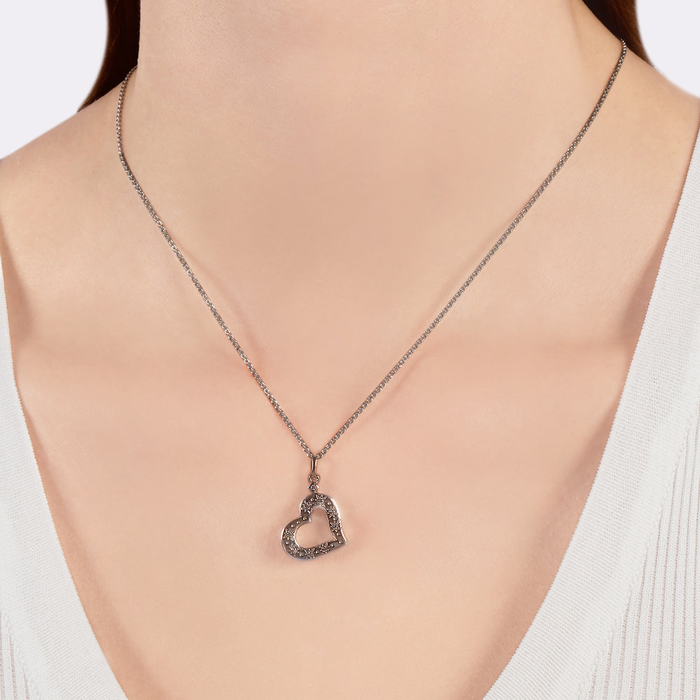 Hallmarkfinejewelry Star Studded Open Heart Pendant in Sterling Silver with Diamonds