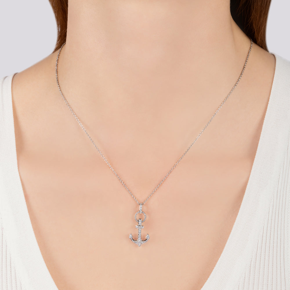 Hallmarkfinejewelry Large Anchor Pendant in Sterling Silver with Diamonds