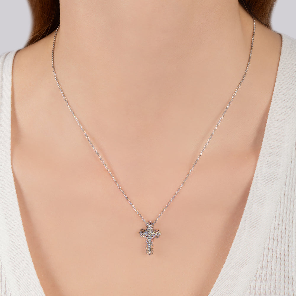 Hallmarkfinejewelry Lacy Cross Pendant in Sterling Silver with Diamonds