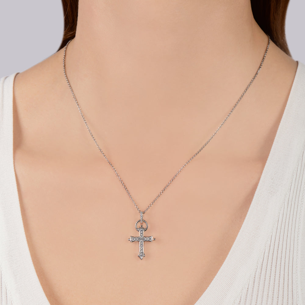 Hallmarkfinejewelry Large Love & Light Cross Pendant in Sterling Silver with Diamonds