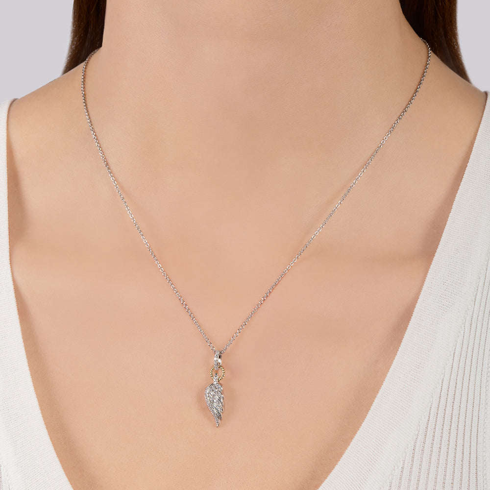 Hallmarkfinejewelry Medium Diamond Angel Wing Pendant in Sterling Silver & 14K Yellow Gold
