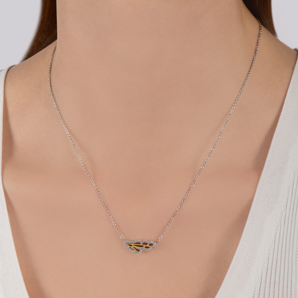 Hallmarkfinejewelry Diamond Edge Wild Wing Necklace in 14K Yellow Gold & Sterling Silver