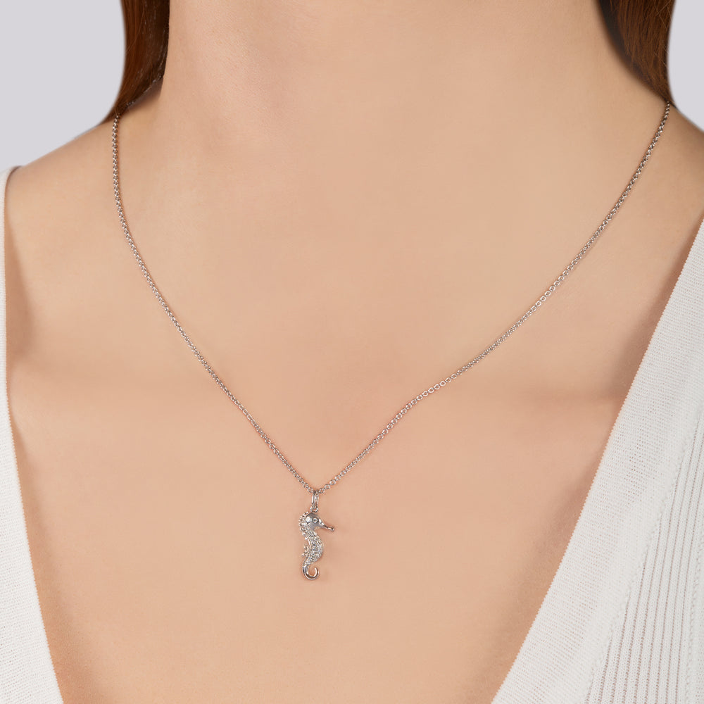 Hallmarkfinejewelry Seahorse Pendant in Sterling Silver with Diamonds