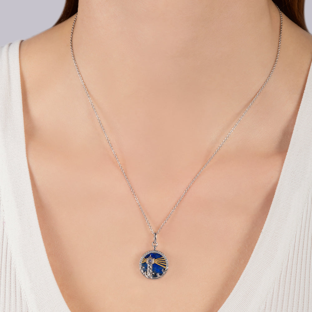 Hallmarkfinejewelry Lighthouse Medallion in Sterling Silver & 14K Yellow Gold with Diamonds & Lapis