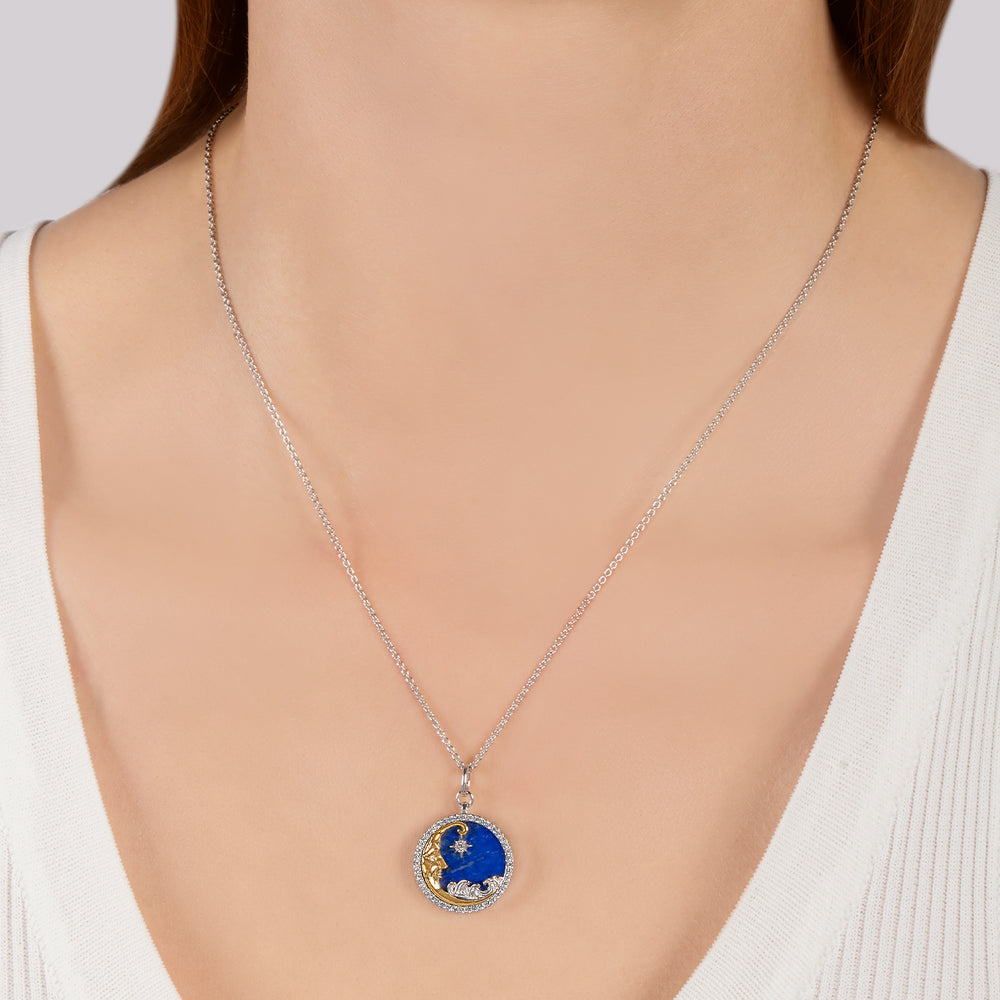Hallmarkfinejewelry Over The Moon Medallion in Sterling Silver & 14K Yellow Gold with Diamonds & Lapis