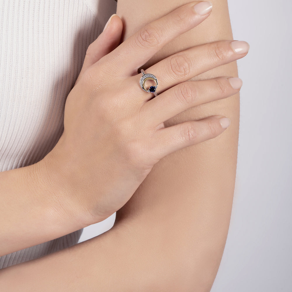 Hallmarkfinejewelry Crescent Moon Ring in Sterling Silver & 14K Yellow Gold with Created Sapphire & Diamonds