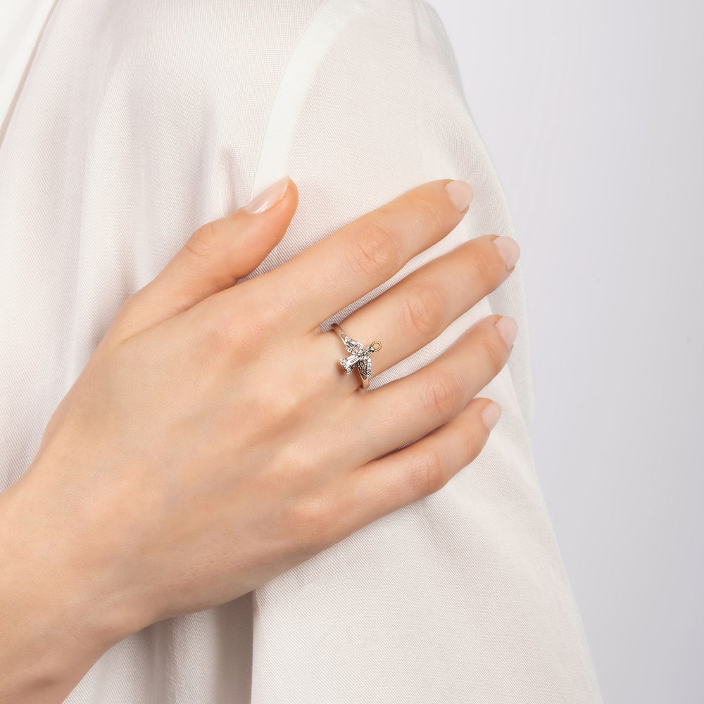 Hallmarkfinejewelry Guardian Angel Ring in Sterling Silver and 14K Yellow Gold with Diamonds