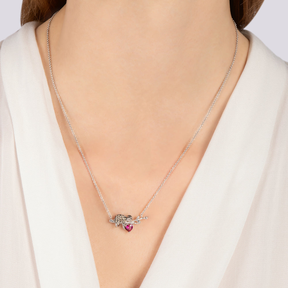 Hallmarkfinejewelry Sleepy Sloth Necklace in Sterling Silver with Champagne Diamonds & Created Ruby