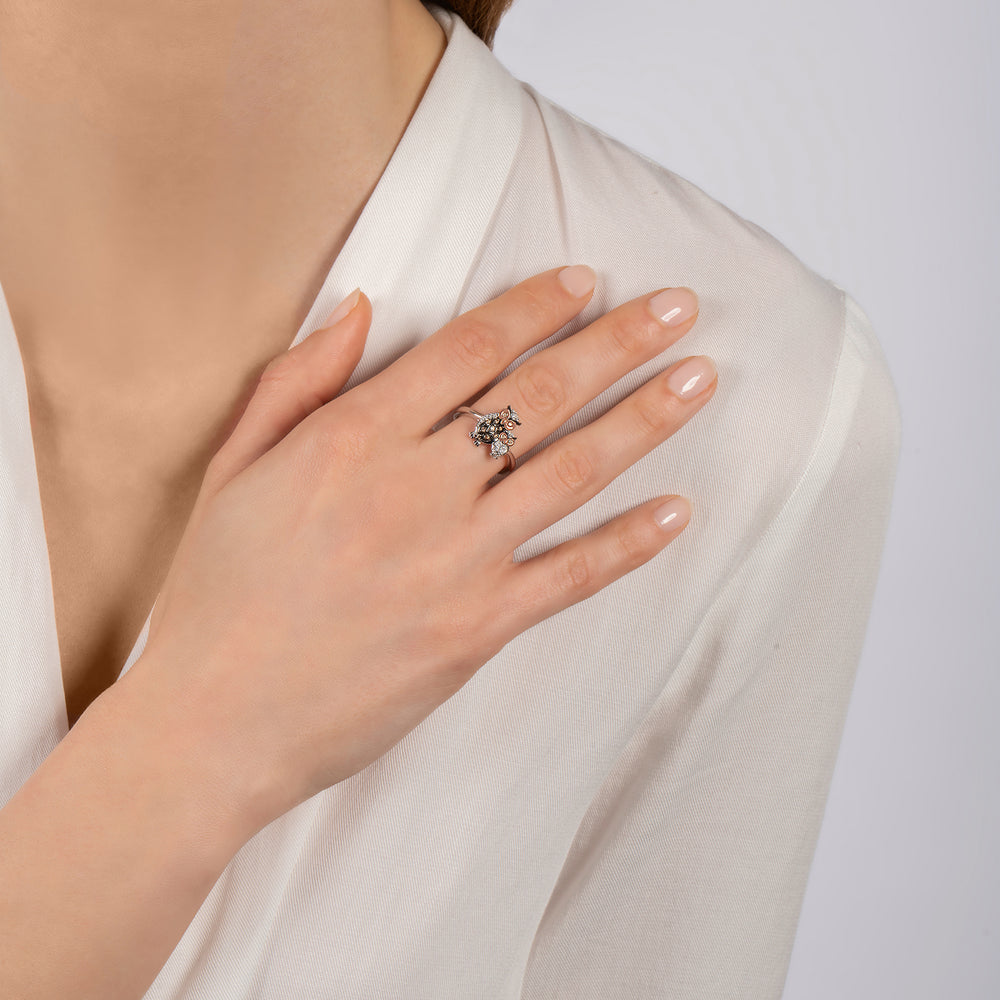 Hallmarkfinejewelry Mother Owl & Baby Owlet Ring in Sterling Silver & 14K Rose Gold with Champagne & White Diamonds