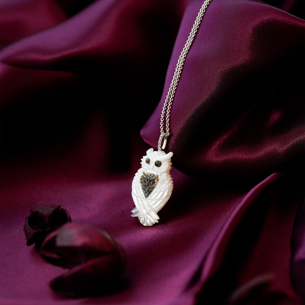Hallmarkfinejewelry Wise Mother Owl Pendant in Carved Mother of Pearl and Sterling Silver with Diamonds