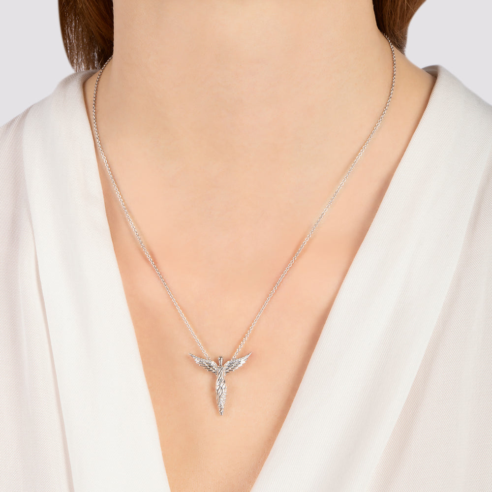 Hallmarkfinejewelry Modern Sculpted Angel Necklace in Sterling Silver with 1/8 Cttw of Diamonds