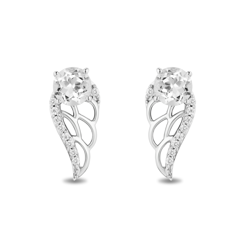 Hallmarkfinejewelry Dove Wing Stud Earrings in Sterling Silver with White Topaz & Diamonds