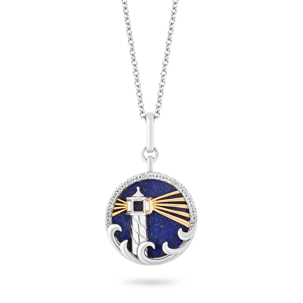Hallmarkfinejewelry Lighthouse Diamond Pendant in Sterling Silver & Yellow Gold & Lapis View 1