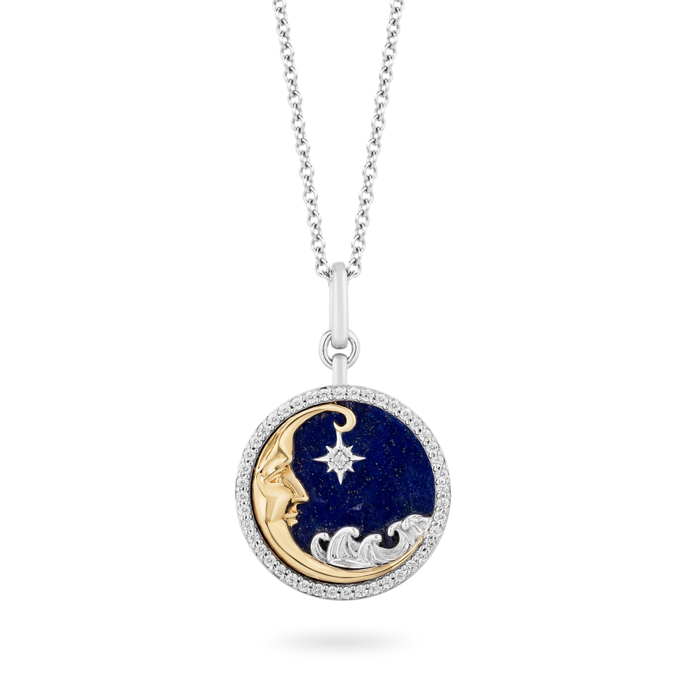 Hallmarkfinejewelry Dreamer's Moon Medallion Diamond Pendant in Sterling Silver & Yellow Gold & Lapis View 1