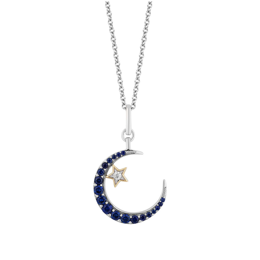 Hallmarkfinejewelry Crescent Moon & Star Diamond Pendant in Sterling Silver & Gold with Created Blue Sapphire & Diamond Accents View 1