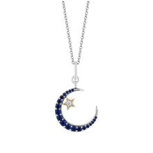 Load image into Gallery viewer, Hallmarkfinejewelry Crescent Moon &amp; Star Diamond Pendant in Sterling Silver &amp; Gold with Created Blue Sapphire &amp; Diamond Accents View 1
